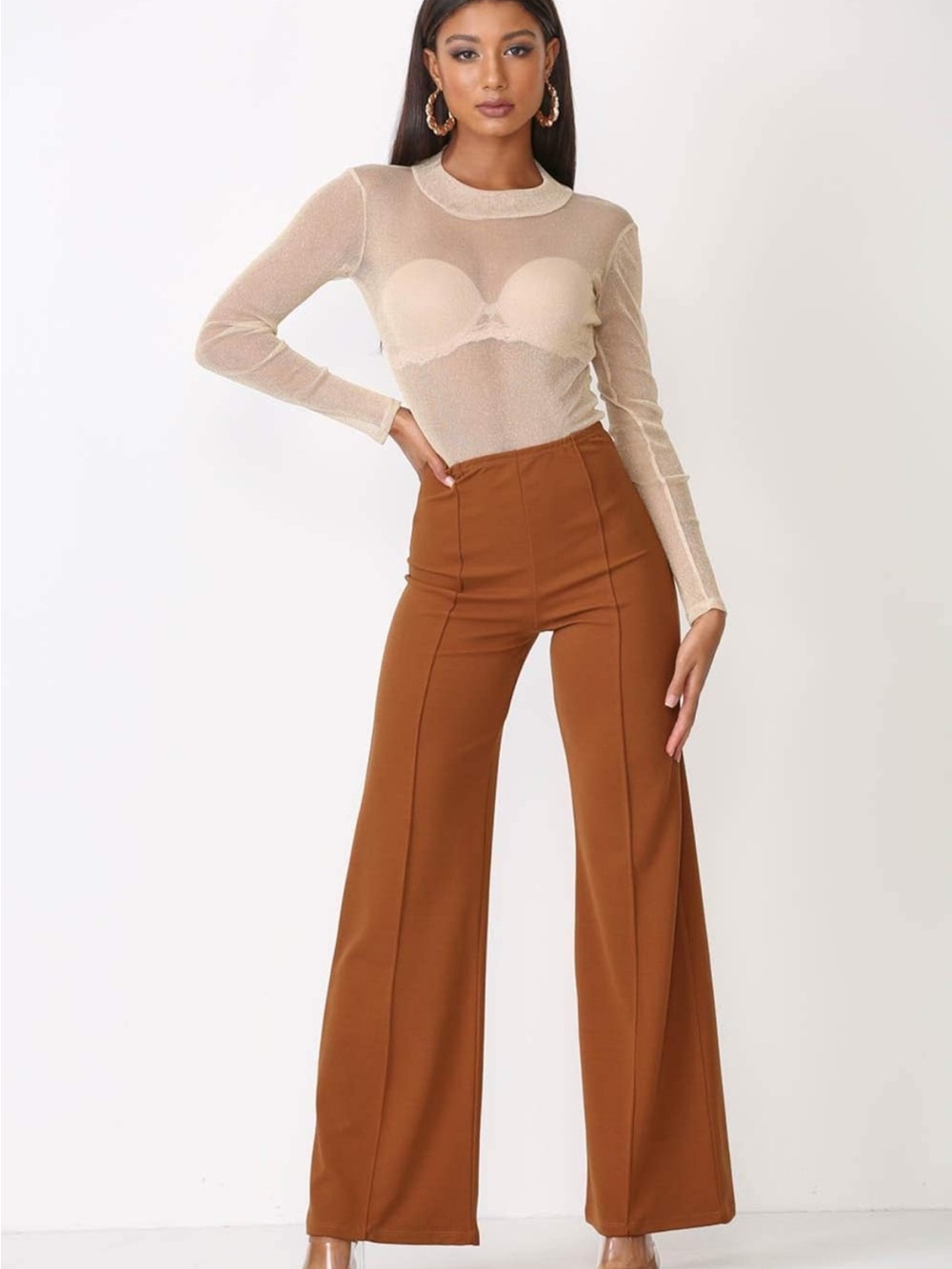 Sleek High-Rise Wide-Leg Pants in Caramel Brown